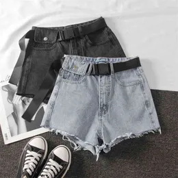 Ailegogo sommar kvinnor hög midja svart blå denim shorts casual kvinnlig hål solid färg plus storlek 2xl jeans med bälte 210719