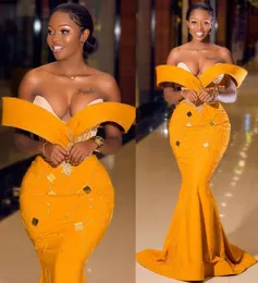 2022 Plus Storlek Arabisk Aso Ebi Yellow Luxurious Mermaid Prom Klänningar Beaded Crystals Evening Formell Party Andra Receptionen Födelsedag Engagemang Klänningar Klänning ZJ204