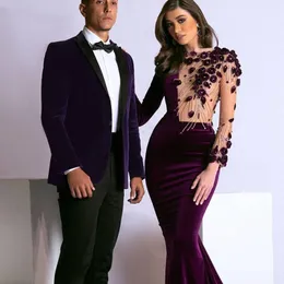 Charming Arabic Caftan Purple Mermaid Evening Dresses 2021 Velvet Long Sleeves 3D Flowers Beads Formal Party Dress Longo Prom Special Occasion Gowns Illusion Style
