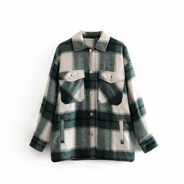 Casual Woman Loose Green Plaid Woolen Shirt Fashion Ladies Höst Oversized Långärmad Ytterkläder Kvinna Vintage Top 210515