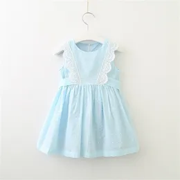 小売の女の子の夏のレースの綿のドレス子供服ライトブルーノースリーブ原因巾着ドレス2-7Y LT010 210610