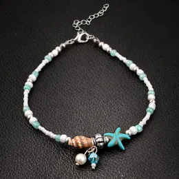 Ny Enkel Bohemian Conch Starfish Hängsmycke Ris Bead Anklets Fot Smycken Ben Ankel Armband För Kvinnor Gåvor