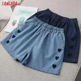 Tangada mulheres coração bordado denim shorts para bolsos de verão feminino calções casuais pantalones ze06 210609