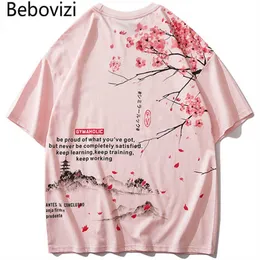Bebovizi Japanese Style Cherry Tshirt Streetwear Short Sleeve T Shirt Cotton Pink Tees Men Harajuku Hip Hop Oversized T-Shirt 210629