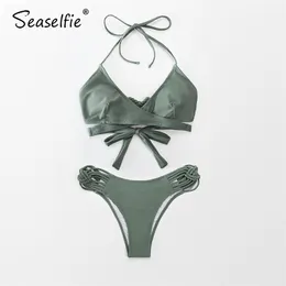 Seasfie Dusty Green Strappy Praph Low-талия бикини наборы женщин сексуальные две части купальники девочек плавание костюм купальники 210712