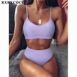 RXRXCOCO Stroje kąpielowe Kobiety Żebrowane kostium kąpielowy Kobiet Push Up Bikini Set Biquini Beachwear Wysokiej Talii Damska Swimsuit 210702