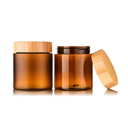Vücut Yağı Krem Kabı Ambalaj Şişeleri Amber PET Kozmetik 5 Oz 8 Oz Vidalı Kapaklı Plastik Kavanoz Bambu Ahşap Kapaklı 50ml 150ml 250ml 500ml