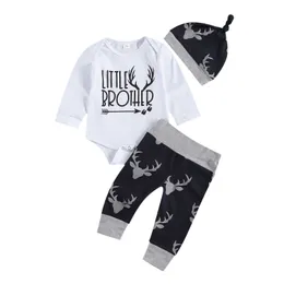 2021 0-18m Newbonr Baby Boy Clothing Brother Letter Print Long Sleeve Romper Top+deer Pants+hat Boy Fall Outfits Set 3pcs G1023