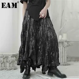 [EAM] 높은 탄성 허리 블랙 주름진 불규칙한 긴 기질 반 바디 스커트 여성 패션 봄 가을 1U965 210619