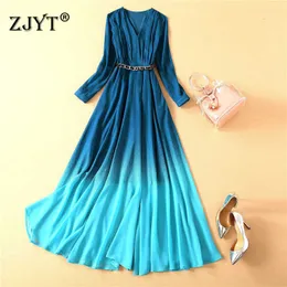 High Quality Women Spring Elegant Designers Long Sleeve Runway Gradient Color Prom Celebrity Party Maxi Dresses with Belt 210601