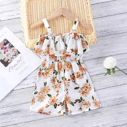 Girls 'Jumpsuit Sommar Sling Print Ruffled Collar Fashion Girl Kläddräkt för 2-6Y 210515