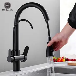 Matte Black Pure Water Kitchen Faucet Dual Handle and Cold Drinking Water Pull Out Kitchen Mixer Taps 211108