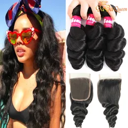 Peruvian Loose Wave Hair Bundlar med stängning Peruvian Virgin Hair med stängning Obehandlat Human Hair Weaves Bundlar med 4x4 stängning