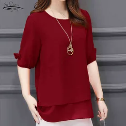 Koreansk stil Sommar Kortärmad Blus Kvinnor Casual Plus Storlek L-5XL Chiffon T-shirts för Röd och Tops 3726 50 210508
