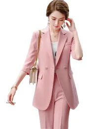 Green Apricot Pink Casual Two Pieces Set Women Pant Suit Size S-5XL Half Sleeve Long Blazer Coat With For Girl Women's Piece Pants