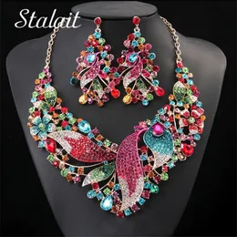Statement Large Leaf Flower Full Rhinestone Necklace Earrings Bridal Jewelry Set For Women Water Drop Crystal Pendant Chain H1022