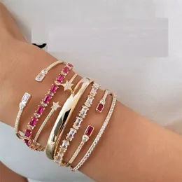 Trendy Luxury Stackable Bangle For Women Wedding Full AAA Cubic Zircon Birthstone CZ Dubai Gold Bracelet Party Jewelry 210918