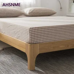 AHSNME 100% Cotton sheets Super Soft parure de lit Cool Summer Simple Coffee grid Fitted Sheet 90x200/120x200/180x200cm 210626