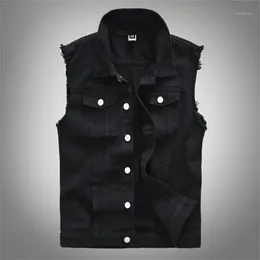 Kamizelki męskie Kamizelki Casual Myte Black Denim Kamizelka Hip-Hop Punk Simple Plus Size Mężczyźni Luźna Otwór Rękawów Ripped Street Waistcoat Kurtki