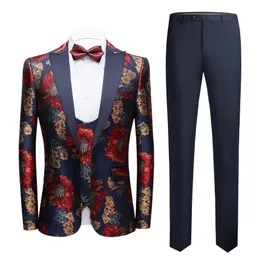 2021 Elegant formell brudgum Män Klänning Bröllopskläder för män Tryckta blommiga Tuxedo Groomsmen Bröllop Blazer Suits / S-6XL X0909
