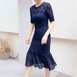 Elegante Frau Hohl-out Strickkleid Runde Kragen Schlank Kurzarm Crotchet Trompete Vestidos + Sling 2 stücke Set 210603