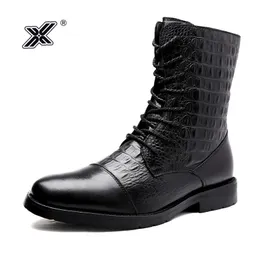 Luury Designer Genuine Leather Mens Boots Pointed High Boots Man Crocodile Pattern Boots Winter Business Punk Men