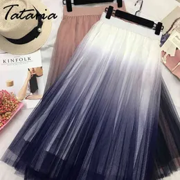 Tataria Gradient Color Long Skirts Women High Waist A-line Pleated Midi Female School Elegant Casual 210514