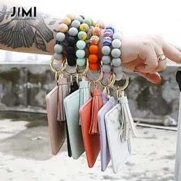 S2504 Women Girls Silicone Beaded Bracelet Outdoor Sports Key Ring Keyring Circle Keychain Wristlet Jewelry with Wallet Card Purse