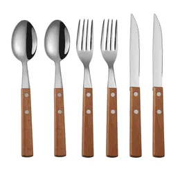 Tablewellware Silverware Столовая посуда Вилка Ложка Нож Нож набор 6шт Набор столовых приборов Кухонные посуды Убор из нержавеющей стали с деревянным держателем 210318