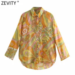 Zevity Frauen Vintage Totem Floral Patchwork Print Casual Business Hemd Femme Tasche Patch Bluse Roupas Chic Blusas Tops LS9410 210603