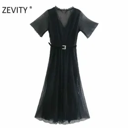 Zevidade Mulheres Moda V Pescoço Pontos Padrão Sashes Malha Vestido Escritório Senhora Manga Curta Ruffles Vestido Chic Business Dresses DS4412 210603