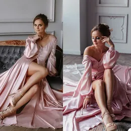 Fashion Pink Satin Silk Sleepwear Women Photoshoot Dress Bridal Long Sleeve Party Evening Gown Bathrobe Nightdress