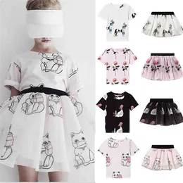 Barn märke design mesh kjol katt ros mönster toddler mode kortärmad topp och tutu matchande 210619