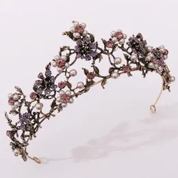 Baroque Vintage Black Purple Crystal Pearls Bridal Tiaras Crown Rhinestone Wedding Hair Accessories Pageant Diadem Veil Tiara Clips & Barret