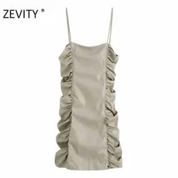 ZEVITY sexy delle donne della cinghia di spaghetti pieghettato vestito di cuoio DELL'UNITÀ di elaborazione femminile cerniera posteriore sottile fionda vestido chic abiti di marca DS4419 210603