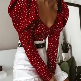 OOTN Vintage Polka Dot Women Puff Long Sleeve Wrap Top Elegante Lace Up Red Crop Top Camicetta Sexy Backless Chic Camicie femminili 210317