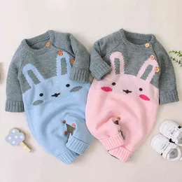 Barn baby pojkar tjejer tecknad kanin långärmad rompers kläder höst vinter pojke tjej barn stickning romper 210429