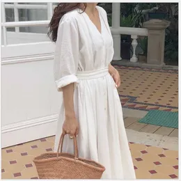 Women Dresses Spring Summer Cotton Linen Ladies Pleated Long White Dresses V Neck Lace Up Bow vestidos de verano R135 T200416