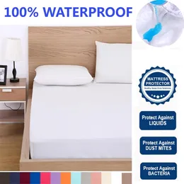 Waterproof Solid Fitted Sheet King Queen Full Twin Single Size Mattress Cover With All-Around Elastic Rubber Band Bed 211106