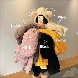 QRWR kvinnor hoodie koreanska stil vinter avslappnad söt kawaii varm tröja lös kvinnlig ficka överdimensionerade hoodies för tjejer 210721