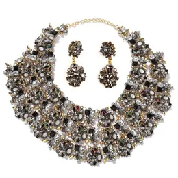 Dvacaman Luksusowy Kryształ Biżuteria Zestaw Dla Kobiet Czarny Rhinestone Bib Oświadczenie NeckLacedrop Kolrels Wedding Bankiet Bridal Prezent H1022