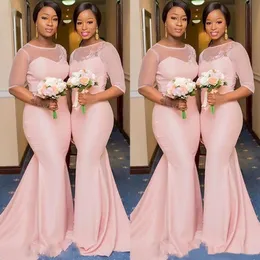 Blush Pink African Nigerian sjöjungfru brudtärna klänningar med ärm 2021 Sheer spetshals Plus Size Maid of Honor Wedding Guest Gown