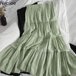Neploe Ruffle Patchwork Skirts Women Elastic High Waist A-line Big Swing Faldas All-match Thin Solid Color Pleated Skirt Female 210422