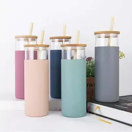 Large Capacity Glass Tumbler Straw Silicone Protective Sleeve Bamboo Lid TX0069