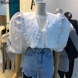 Korean Fashin Shirts Summer Blouses Women Sweet Peter Pan Coller Ruffles Mujer Puff Sleeve Loose White Tops 95494 210519