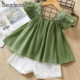 Bear Leader Girls Clothing Sets Summer Brand Girls Multi-layer Frill Sleeveless Floral Baby Shirt + Short Pant For 3-7 Y 210326