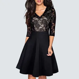 Vintage New Floral Dresses Women Autumn Stylish Lace Patchwork Black Party Casual Work Office Swing Skater Dress Y1006