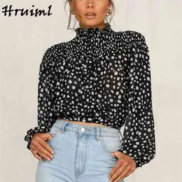 Bluse Frauen Polka Dot Print Vintage Langarm Rollkragen Zurück Strappy Shirts High Street Chiffon Kurze Sexy Tops Büro Dame 210513