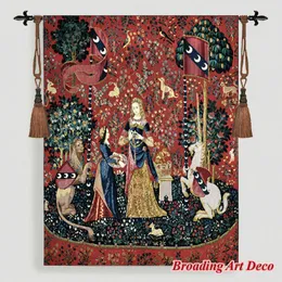 香り - 女性ユニコーン中世のタペストリーの壁掛けジャカード織りゴベリンホームアート装飾綿100％139 * 105cm 210609