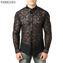 Homens de malha ver através de Fishnet Clubwear Camisas Slim Fit Manga Longa Sexy Lace Shirt Homens Party Evento Prom Transparente Chemise 2xl 210626